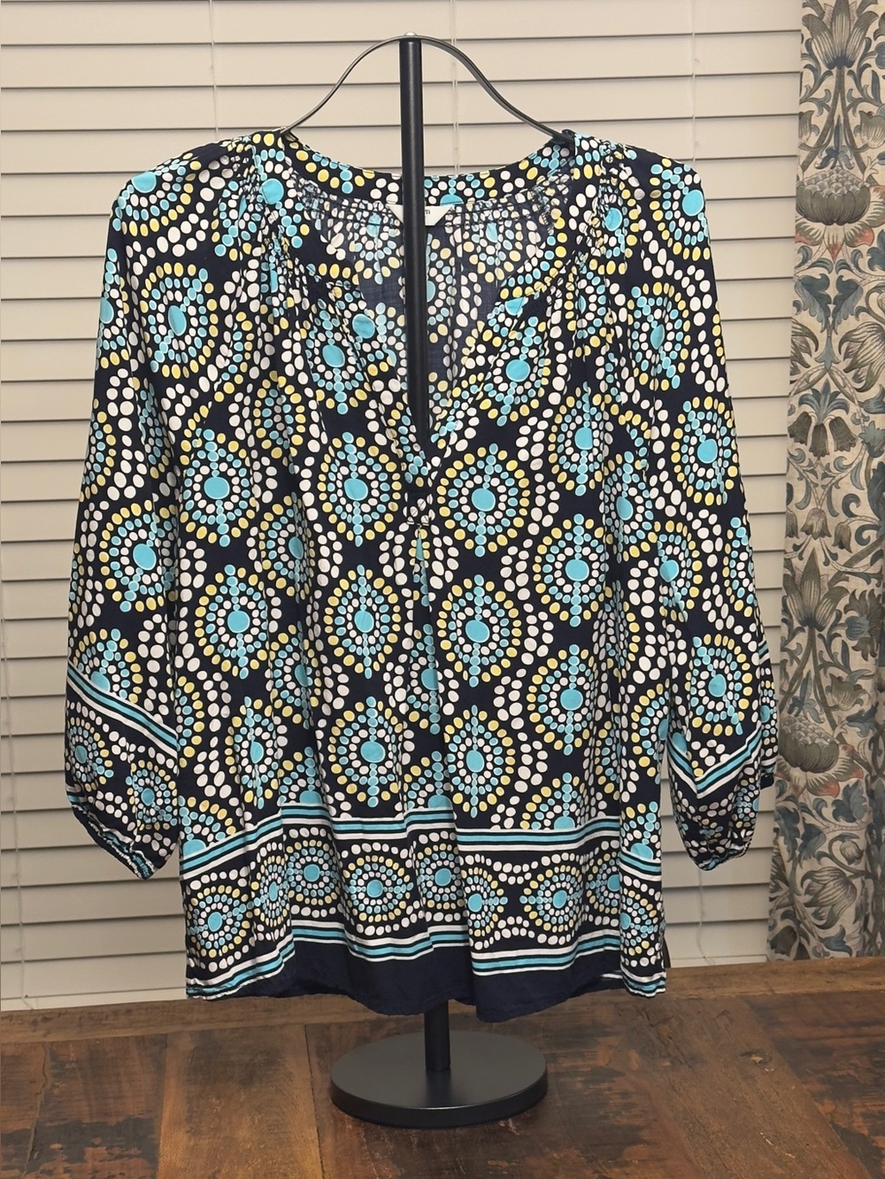 Crown & Ivy Navy and Turquoise Dot-Print Peasant Blouse XL
